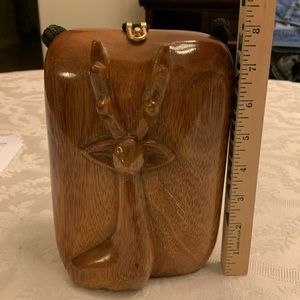 Timmy Woods Brown Wood Purse.   Long Black Shoulder Strap.